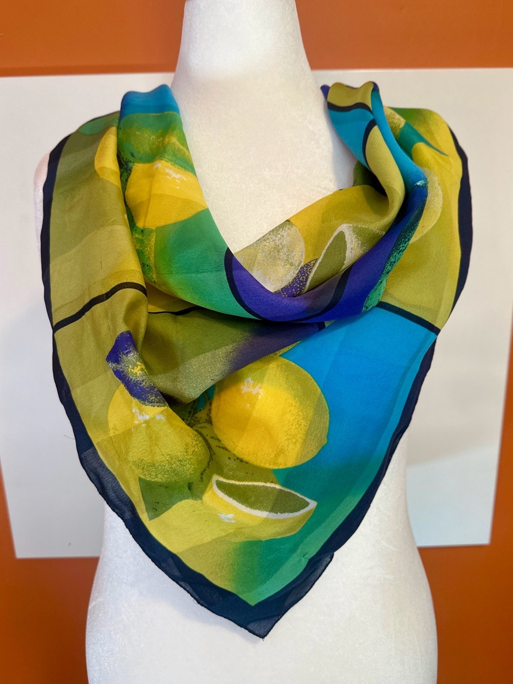 Gérard L.Y Paris Vintage Silk Blend Lemon Print Scarf - Blue & Green
